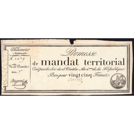 Promesse de mandat 59b - 25 francs - 28 ventôse an 4 - Série 3 - Etat : TB