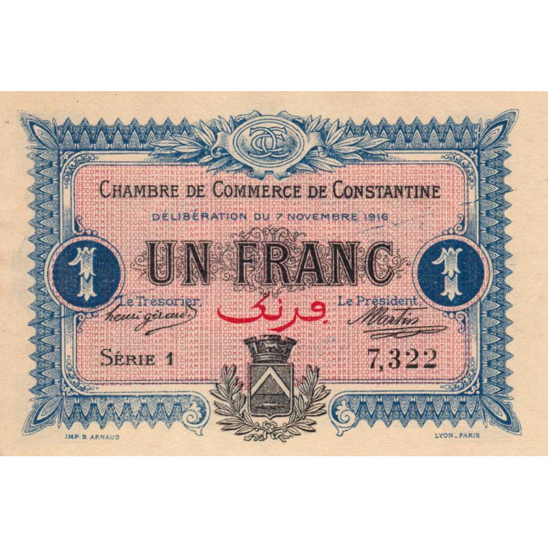 Algérie - Constantine 140-10 - 1 franc - Série 1 - 07/11/1916 - Etat : NEUF