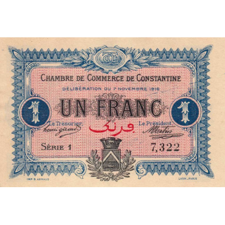 Algérie - Constantine 140-10 - 1 franc - Série 1 - 07/11/1916 - Etat : NEUF