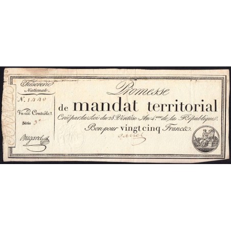 Promesse de mandat 59b - 25 francs - 28 ventôse an 4 - Série 3 - Etat : TB+