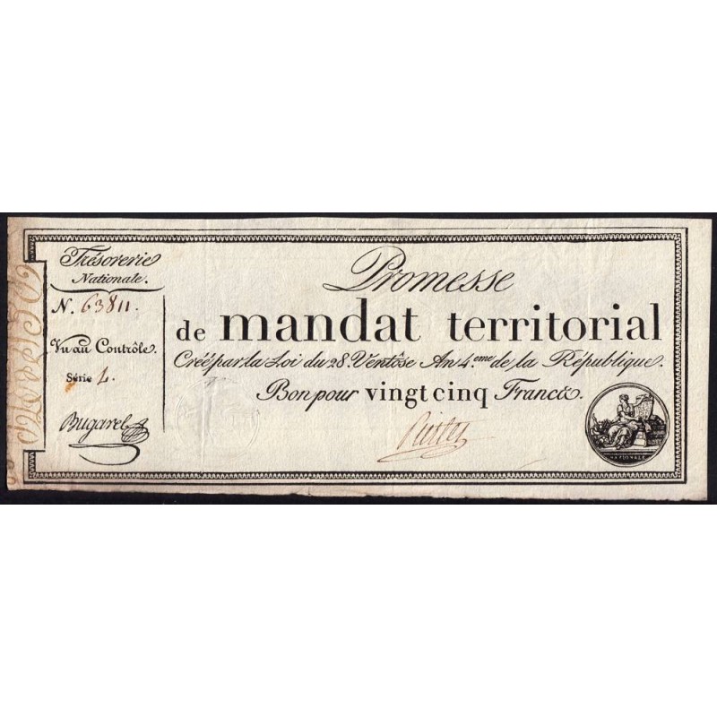 Promesse de mandat 59b - 25 francs - 28 ventôse an 4 - Série 4 - Etat : TTB