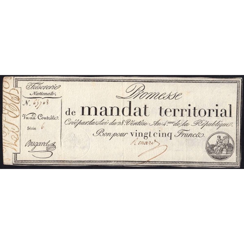 Promesse de mandat 59b - 25 francs - 28 ventôse an 4 - Série 6 - Etat : TTB+