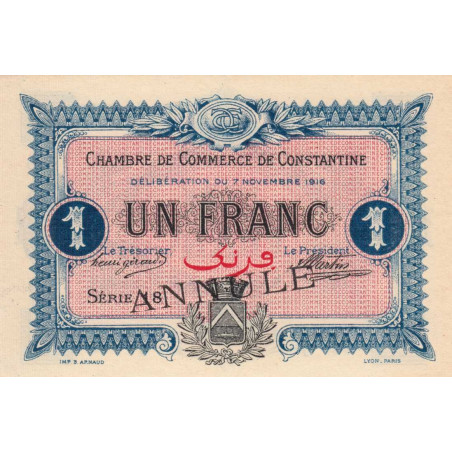 Algérie - Constantine 140-11 annulé - 1 franc - Série 18 - 07/11/1916 - Etat : NEUF