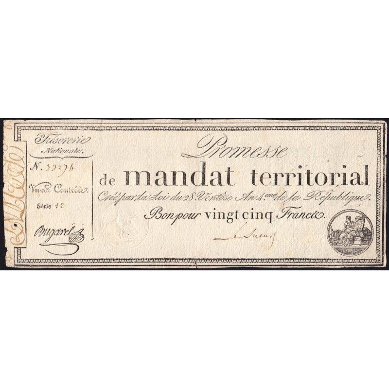 Promesse de mandat 59b - 25 francs - 28 ventôse an 4 - Série 12 - Etat : TTB-