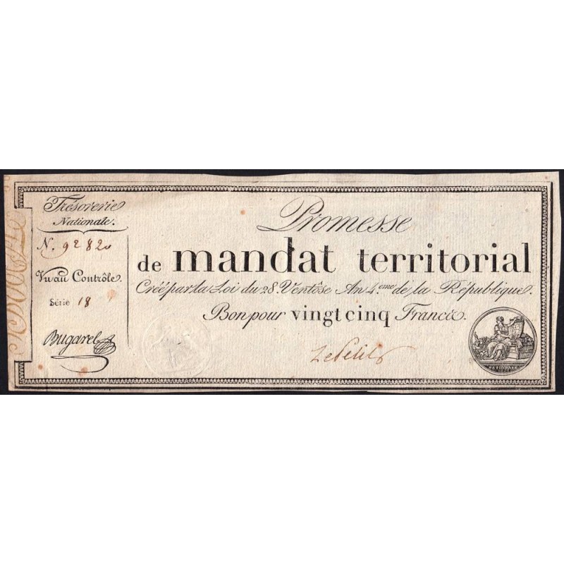 Promesse de mandat 59b - 25 francs - 28 ventôse an 4 - Série 18 - Etat : SUP