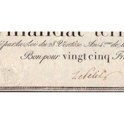 Promesse de mandat 59b - 25 francs - 28 ventôse an 4 - Série 18 - Etat : SUP