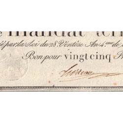 Promesse de mandat 59b - 25 francs - 28 ventôse an 4 - Série 18 - Etat : SUP+