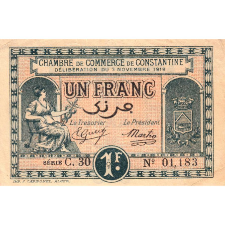 Algérie - Constantine 140-22 - 1 franc - Série C.30 - 03/11/1919 - Etat : SUP