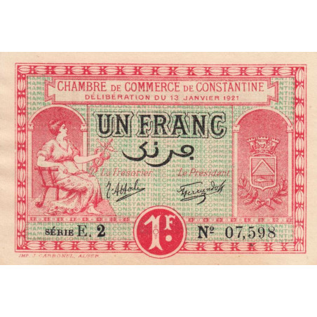 Algérie - Constantine 140-26 - 1 franc - Série E.2 - 13/01/1921 - Etat : SPL