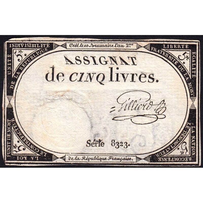 Assignat 46a - 5 livres - 10 brumaire an 2 - Signature 52 - Etat : TTB-
