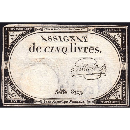 Assignat 46a - 5 livres - 10 brumaire an 2 - Signature 52 - Etat : TTB-