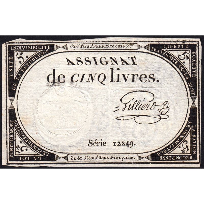 Assignat 46a - 5 livres - 10 brumaire an 2 - Signature 52 - Etat : TTB