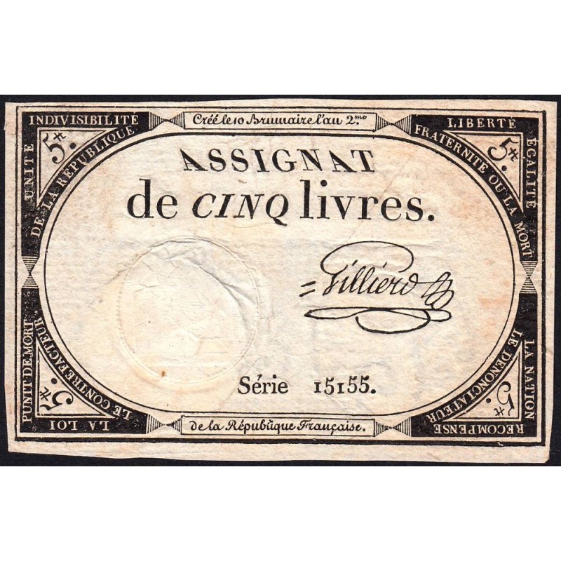 Assignat 46a - 5 livres - 10 brumaire an 2 - Signature 52 - Etat : TTB-