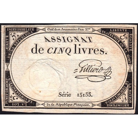 Assignat 46a - 5 livres - 10 brumaire an 2 - Signature 52 - Etat : TTB-