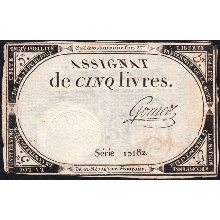 Assignat 46a - 5 livres - 10 brumaire an 2 - Signature 53 - Etat : TB