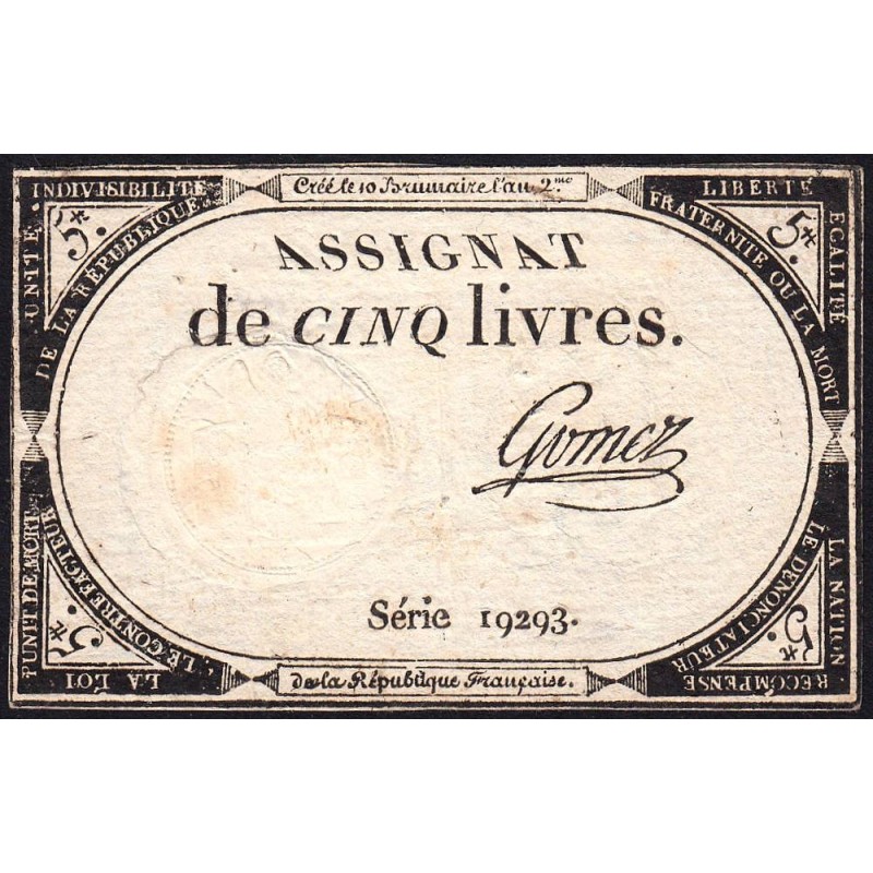 Assignat 46a - 5 livres - 10 brumaire an 2 - Signature 53 - Etat : TTB-
