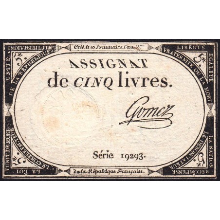 Assignat 46a - 5 livres - 10 brumaire an 2 - Signature 53 - Etat : TTB-