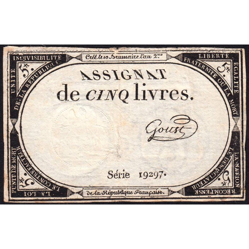 Assignat 46a - 5 livres - 10 brumaire an 2 - Signature 55 - Etat : TTB