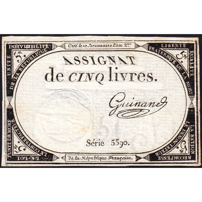 Assignat 46a - 5 livres - 10 brumaire an 2 - Signature 56 - Etat : SUP