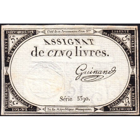 Assignat 46a - 5 livres - 10 brumaire an 2 - Signature 56 - Etat : SUP