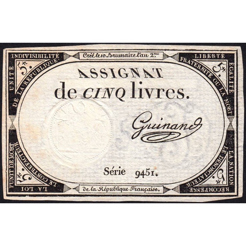 Assignat 46a - 5 livres - 10 brumaire an 2 - Signature 56 - Etat : SUP+