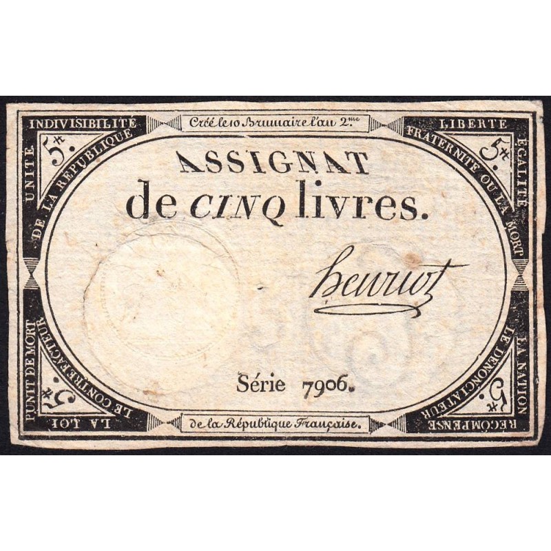 Assignat 46a - 5 livres - 10 brumaire an 2 - Signature 57 - Etat : TB+