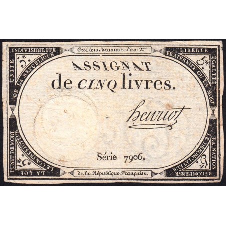 Assignat 46a - 5 livres - 10 brumaire an 2 - Signature 57 - Etat : TB+