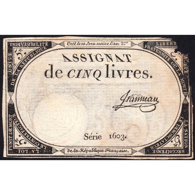 Assignat 46a - 5 livres - 10 brumaire an 2 - Signature 58 - Etat : B