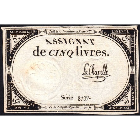 Assignat 46a - 5 livres - 10 brumaire an 2 - Signature 60 - Etat : SUP+
