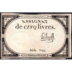Assignat 46a - 5 livres - 10 brumaire an 2 - Signature 60 - Etat : TTB-