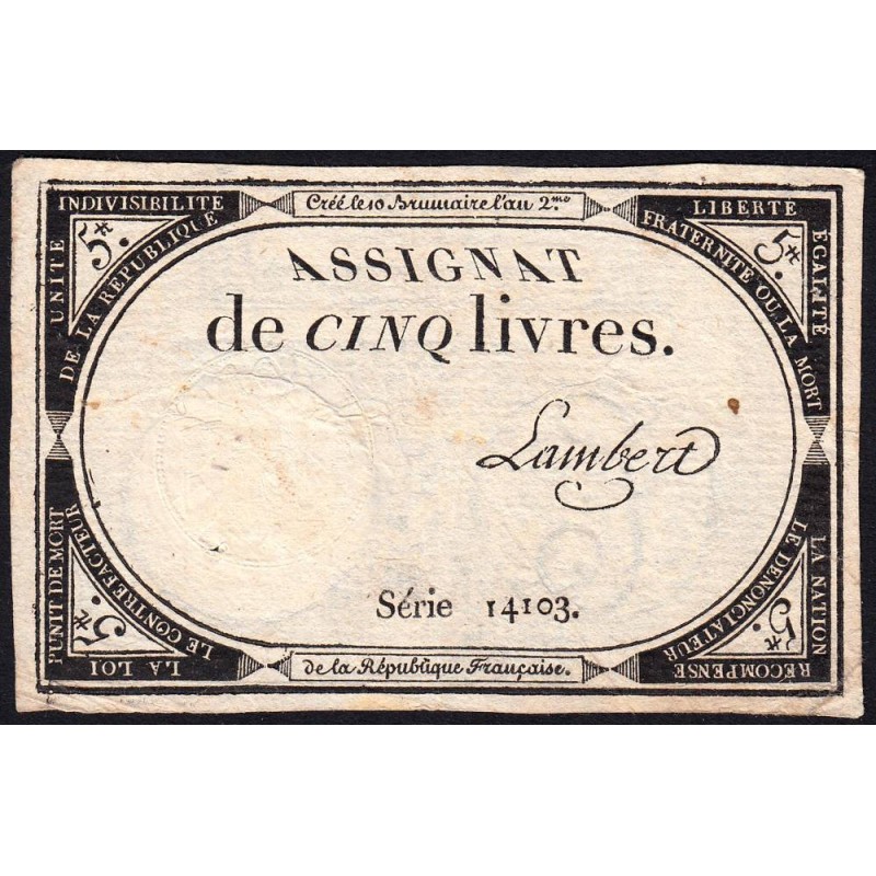Assignat 46a - 5 livres - 10 brumaire an 2 - Signature 62 - Etat : TTB-