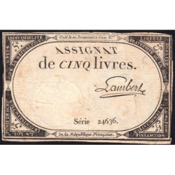 Assignat 46a - 5 livres - 10 brumaire an 2 - Signature 63 - Etat : TB+