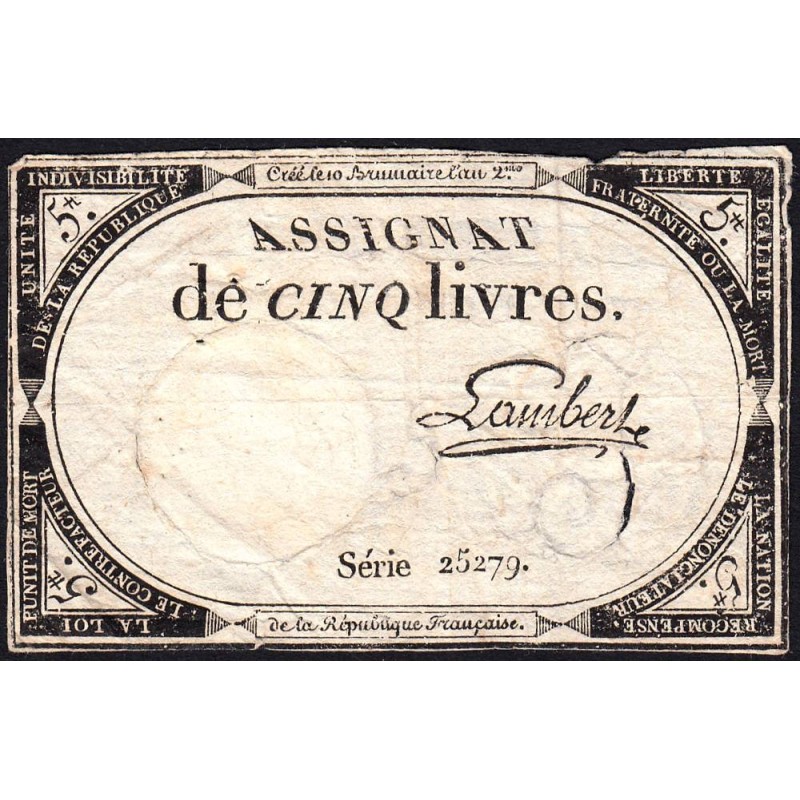 Assignat 46a - 5 livres - 10 brumaire an 2 - Signature 63 - Etat : B+