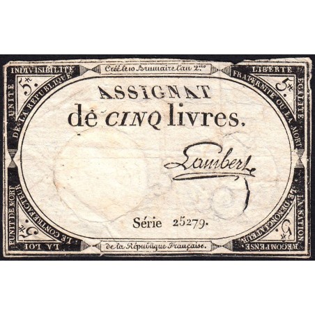 Assignat 46a - 5 livres - 10 brumaire an 2 - Signature 63 - Etat : B+