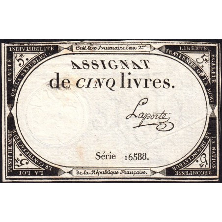 Assignat 46a - 5 livres - 10 brumaire an 2 - Signature 64 - Etat : SUP
