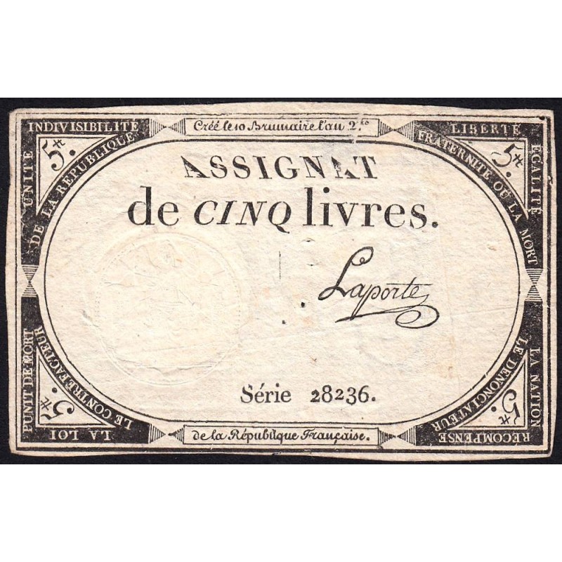 Assignat 46a - 5 livres - 10 brumaire an 2 - Signature 64 - Etat : TTB