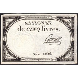 Assignat 46a - 5 livres - 10 brumaire an 2 - Signature 53 - Etat : SUP+
