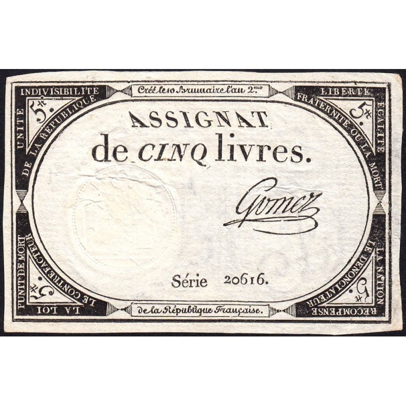 Assignat 46a - 5 livres - 10 brumaire an 2 - Signature 53 - Etat : SUP+