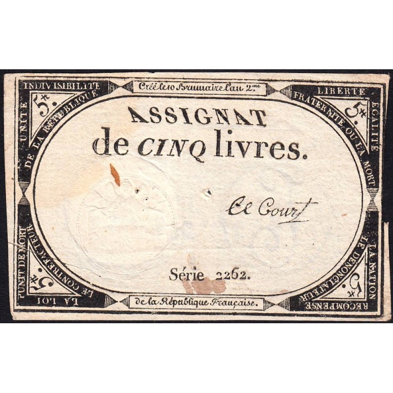 Assignat 46a - 5 livres - 10 brumaire an 2 - Signature 66 - Etat : TTB-