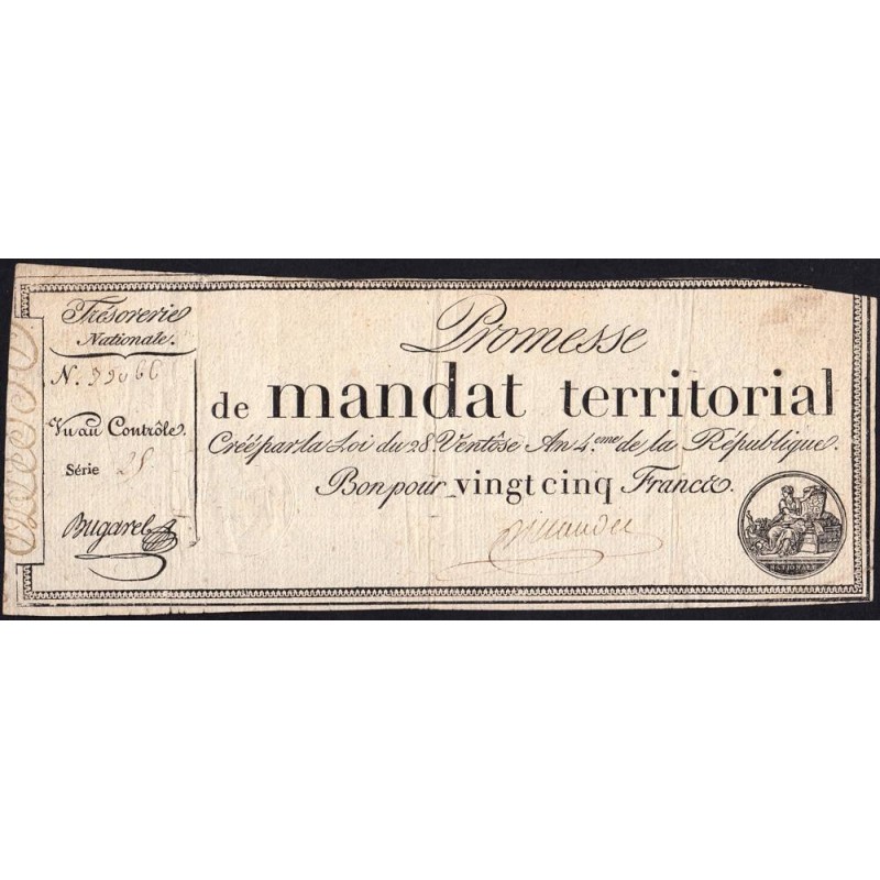 Promesse de mandat 59a - 25 francs - 28 ventôse an 4 - Série 25 - Etat : TB-
