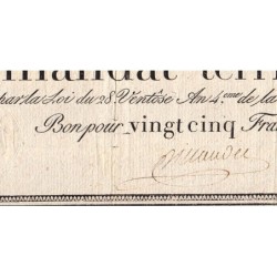 Promesse de mandat 59a - 25 francs - 28 ventôse an 4 - Série 25 - Etat : TB-
