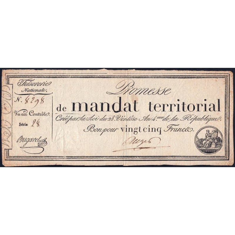 Promesse de mandat 59a - 25 francs - 28 ventôse an 4 - Série 28 - Etat : TTB-