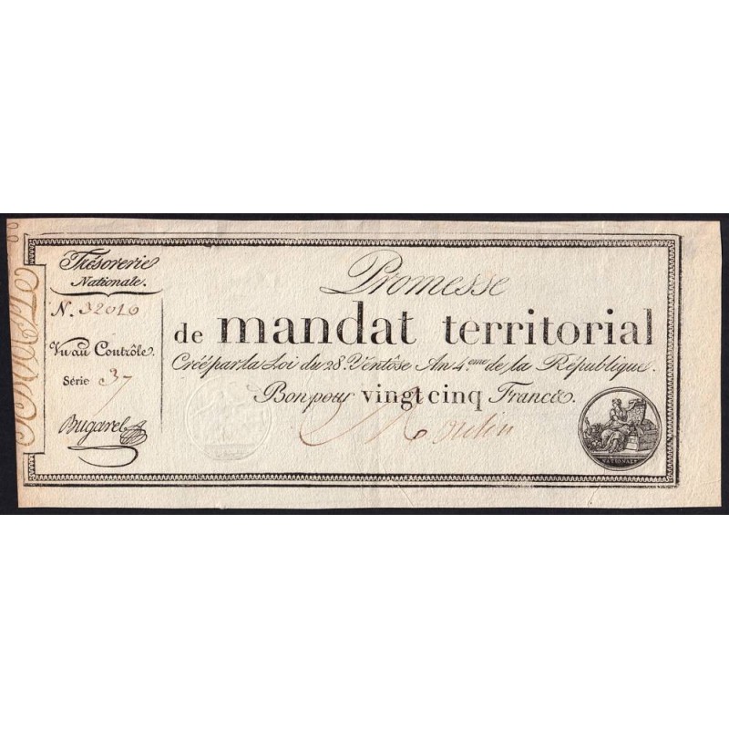 Promesse de mandat 59a - 25 francs - 28 ventôse an 4 - Série 37 - Etat : SUP+