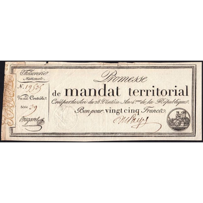 Promesse de mandat 59a - 25 francs - 28 ventôse an 4 - Série 39 - Etat : TB