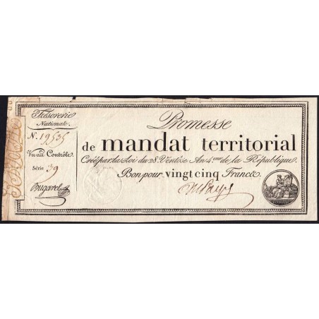 Promesse de mandat 59a - 25 francs - 28 ventôse an 4 - Série 39 - Etat : TB