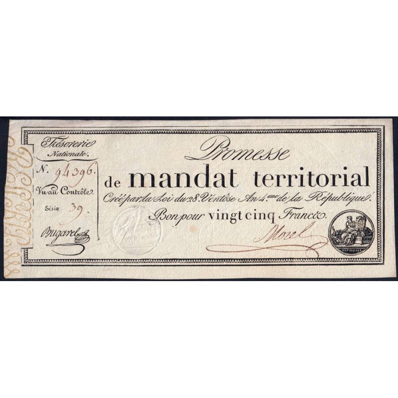 Promesse de mandat 59a - 25 francs - 28 ventôse an 4 - Série 39 - Etat : SUP+
