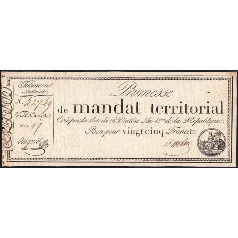 Promesse de mandat 59a - 25 francs - 28 ventôse an 4 - Série 47 - Etat : TB+