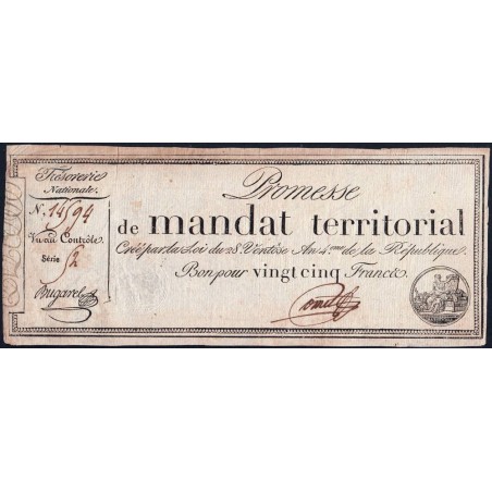 Promesse de mandat 59a - 25 francs - 28 ventôse an 4 - Série 52 - Etat : TB+