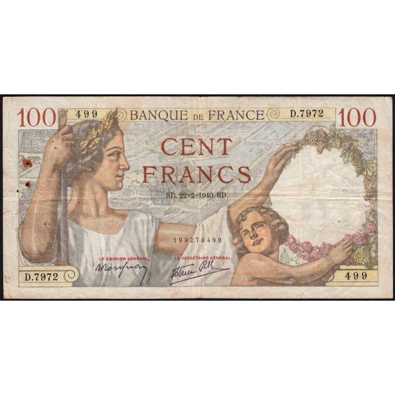 F 26-23 - 22/02/1940 - 100 francs - Sully - Série D.7972 - Etat : TB