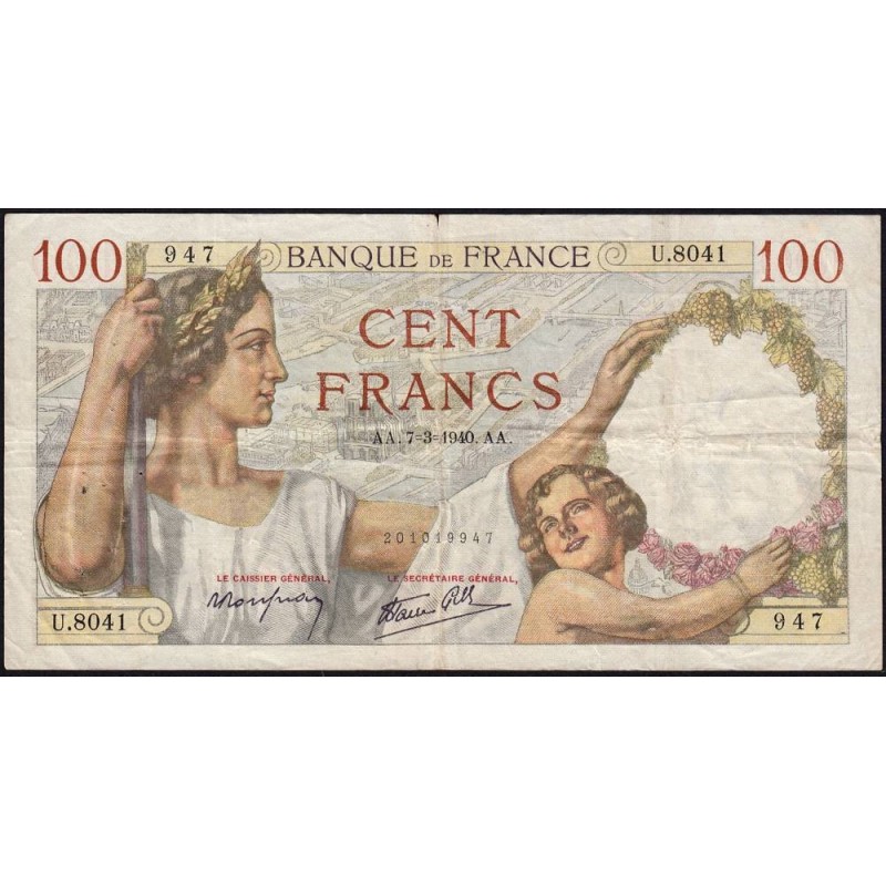 F 26-24 - 07/03/1940 - 100 francs - Sully - Série U.8041 - Etat : TTB-